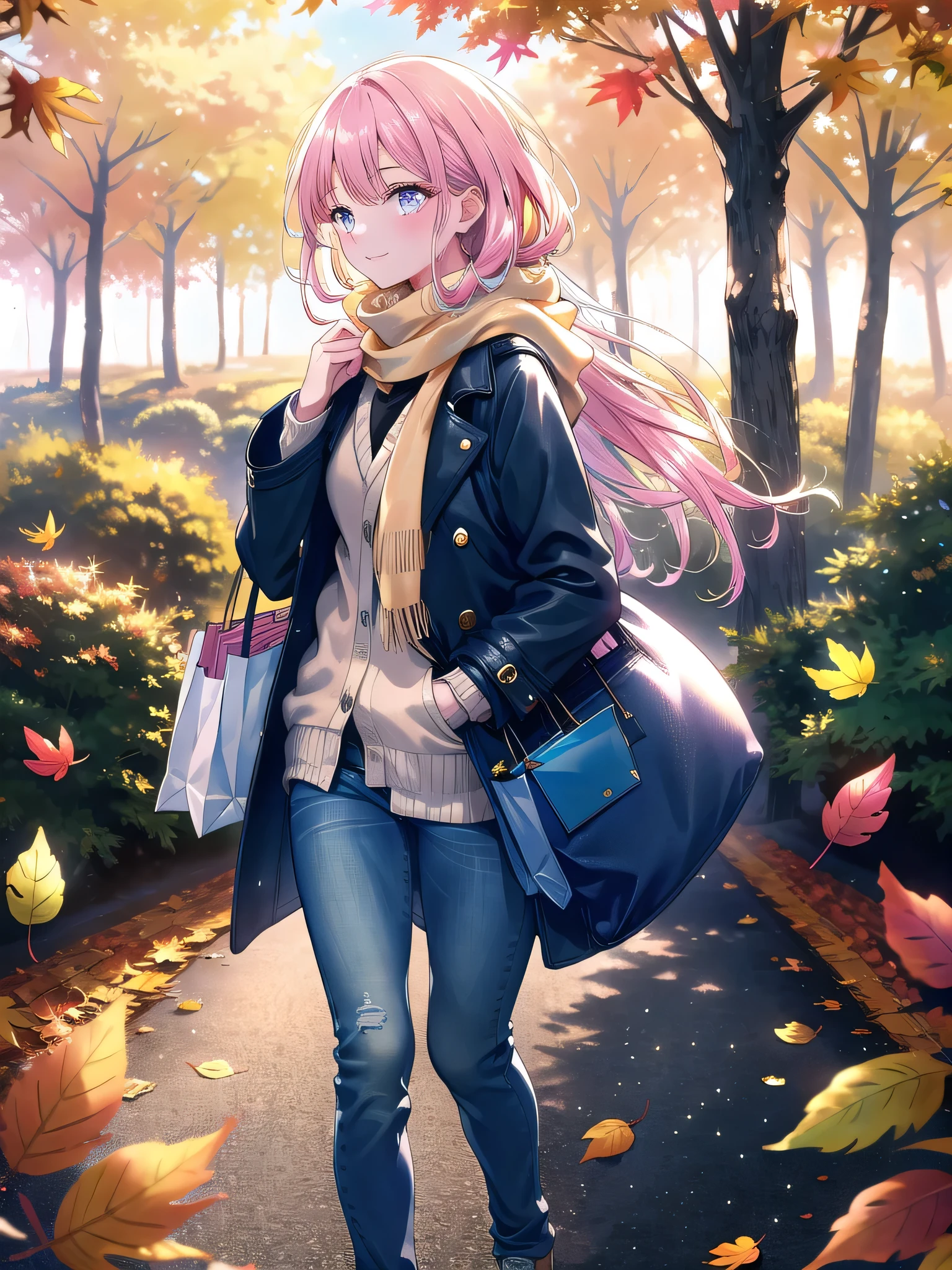 ((8k, Highest quality, masterpiece: 1.3)),Ultra-high resolution,(1 girl, alone), (Color changing eyes, Ultra-detailed, Expressive brilliance, Glitter, Glowing Eyes), Highly detailed eyes, Highly detailed face, Random Hair, ((pastel colour))A stylish woman walking through a park, dressed in a light trench coat, a cozy scarf, and slim-fit jeans. The autumn leaves are scattered across the path, and the golden afternoon sun filters through the trees, creating a beautiful backdrop. She’s carrying a small shopping bag in one hand, her other hand casually in her coat pocket. Her expression is serene, enjoying the peaceful walk. She turns her head slightly, looking back at the camera with a gentle, affectionate smile, as if she’s inviting her boyfriend to join her on the stroll.