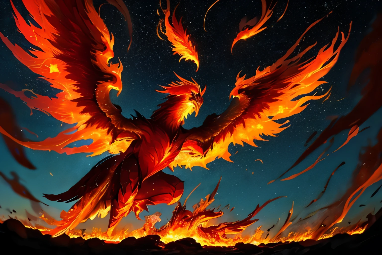 best quality, masterpiece, (A battered red phoenix that was slammed to the ground spreads its wings again:1.5)、(Three heads)、(King Ghidorah style)、(Fire Daruma)、(fireball)、(Head looking up to the sky)、(Phoenix feathers fly into the sky in great numbers.:1.5)、(Sharp Eyes:1.3)、(Sharp beak)、(low angle:1.3)、(In the Fire)、(Backlight)、(The sky is deep darkness)、(Phoenix:1.5)、(Starry Sky:1.5)