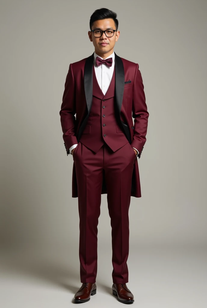 Create a groom's Attire. Burgundy suit with black lining, Burgundy vest, white long sleeve, burgundy bowtie and brown shoes. Whole body picture for Filipino, 5.2ft Male, 75kgs weight, 36 inches waist and light brown skin. With black eyeglasses.