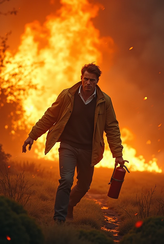 tom fighting to stop fire in an estate with a fire extinguisher in his hand