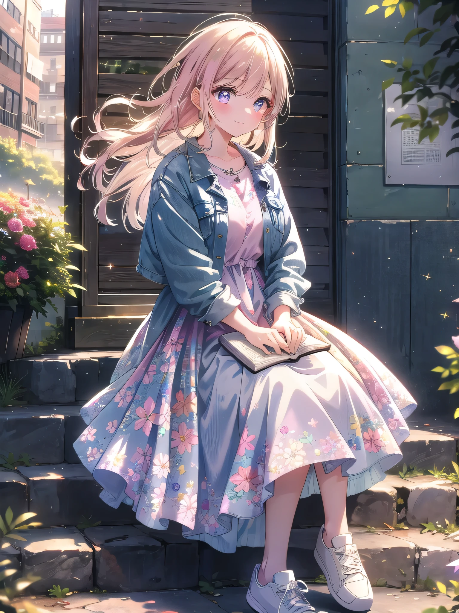 ((8k, Highest quality, masterpiece: 1.3)),Ultra-high resolution,(1 girl, alone), (Color changing eyes, Ultra-detailed, Expressive brilliance, Glitter, Glowing Eyes), Highly detailed eyes, Highly detailed face, Random Hair, ((pastel colour))A beautiful woman sitting on the steps of a library, her face framed by loose strands of hair blowing in the gentle breeze. She’s wearing a casual denim jacket over a floral dress, with white sneakers completing her relaxed look. The late afternoon light casts a warm glow on the stone steps, highlighting the historical architecture. She’s holding a book on her lap, her expression thoughtful as she looks off into the distance. She suddenly notices the camera, and her face lights up with a bright, joyful smile, her eyes sparkling with the delight of seeing her boyfriend.
