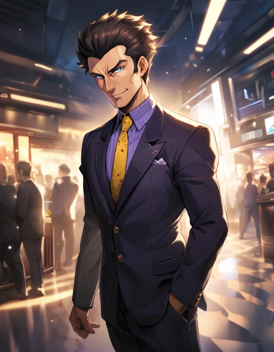 1man, dandy president, solid mature, spiked slicked back, darkblue eyes, businessman hairstyle, olive hair, BREAK dignified producer, toned uncle, bold face, high cheekbones, broad shoulder, square shaped, facial wrinkles, ordinary boss, ideal ratio body proportions, BREAK violet formal jacket, purplewhite shirt, yellow necktie, BREAK  smile, cool emotion, romance, BREAK solo, upperlegs, smart expression, visual novel, 2000s, in eroge style, in persona style, BREAK depth of field, dutch angle, cinematic shadows, cinematic lighting, lens flare, light leaks, texture, absurdres absolutely resolution, extreme all detailed, greatest painting, BREAK masterpiece, best quality