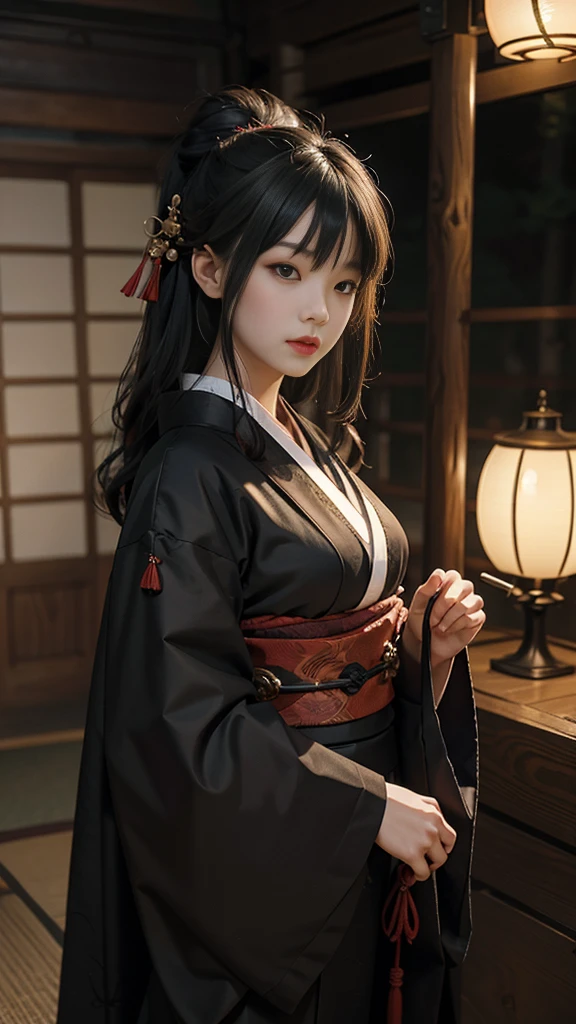 Fantastic atmosphere, dark, big dragon, female maid in black-haired kimono, shrine, high resolution