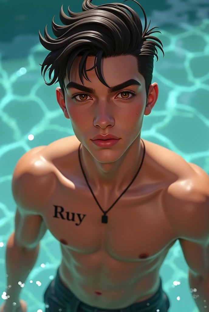 a young man AI high quality muscular tattoo with name “ruy” small, tanned skin piercing gaze light pink mouth with realistic pool background
