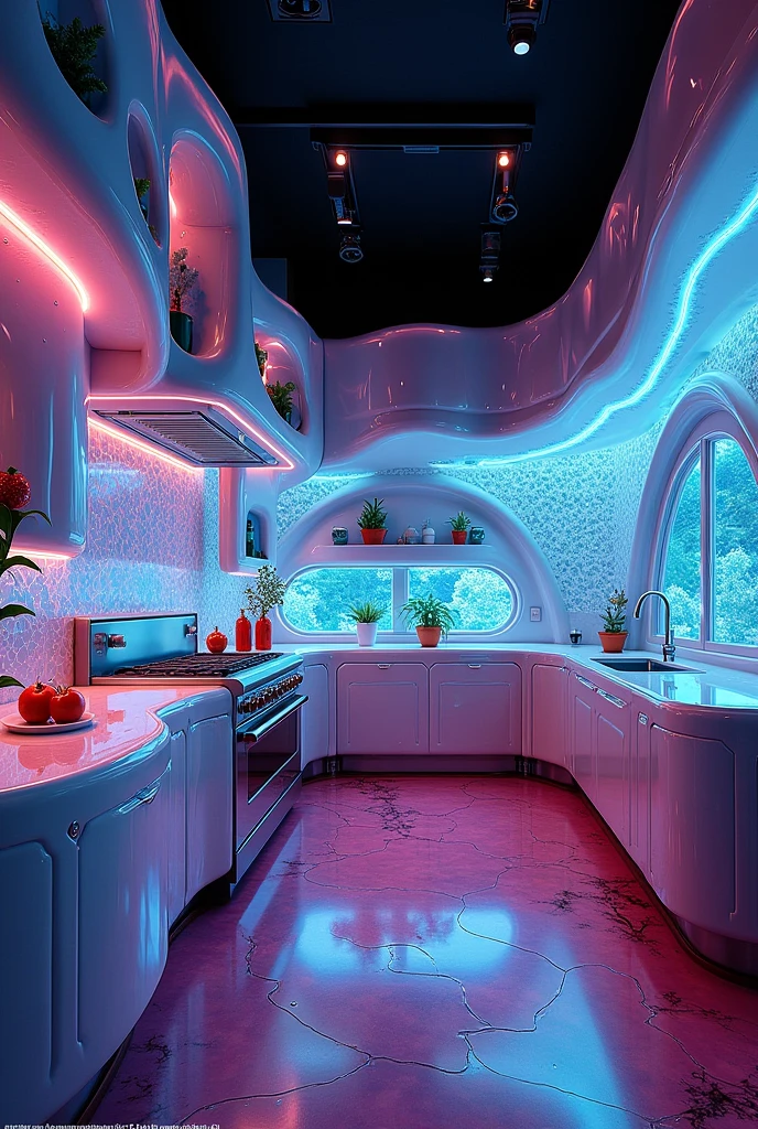 a highly detailed iridescent kitchen, vibrant colors, intricate patterns, glossy surfaces, futuristic design, dramatic lighting, photorealistic, 8k, best quality, masterpiece