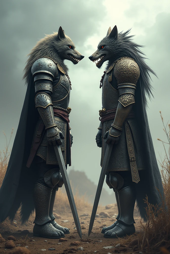 Human in medieval wolf armor facing another human in medieval dragon armor facing each other 