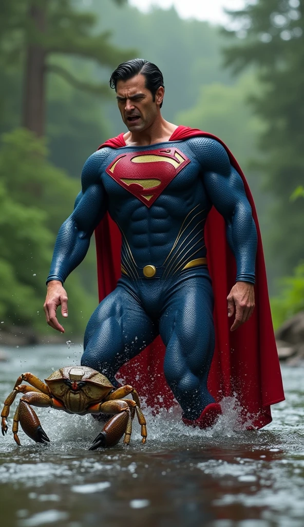 Make a photo in which Superman is standing in the river and a crab is holding one of his legs and Superman is screaming after seeing the crab