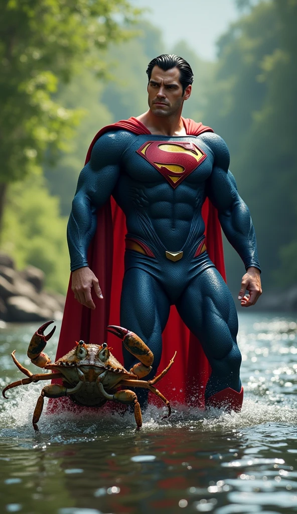 Make a photo in which Superman is standing in the river and a crab is holding one of his legs and Superman is screaming after seeing the crab