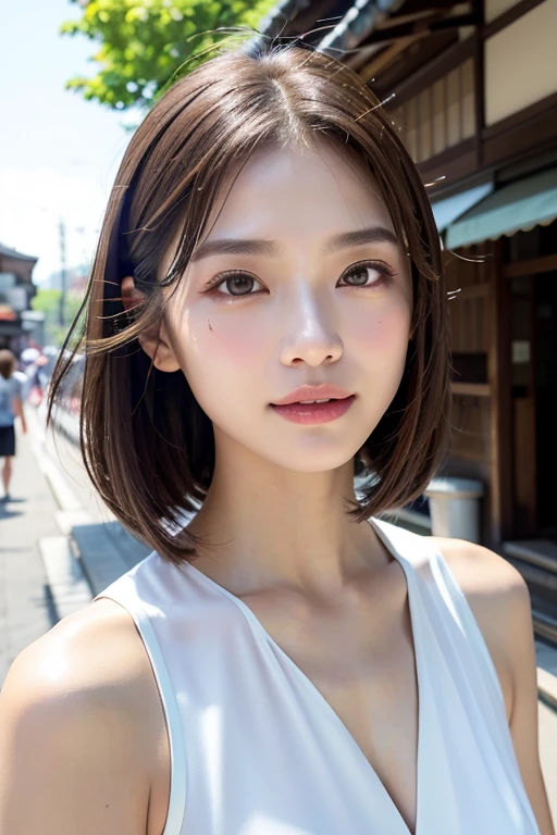 With the alleys of Kyoto in the background、1 girl、independent、look forward to、Light eye makeup、Brown Hair Color、flat 、Hair blowing in the wind、Quality of actress、Shiny, Ultra-realistic faces、smileの表情、Watery eye、look up、Pleasant lighting effects、 Ultra-Realistic Capture、Very detailed、High resolution 16K human skin closeup。Skin texture must be natural、Must be so detailed that pores are visible、skin is healthy、There must be a unified tone、Use natural light and colour、High quality photos taken by modeling agencies'Exclusive photographer、smile