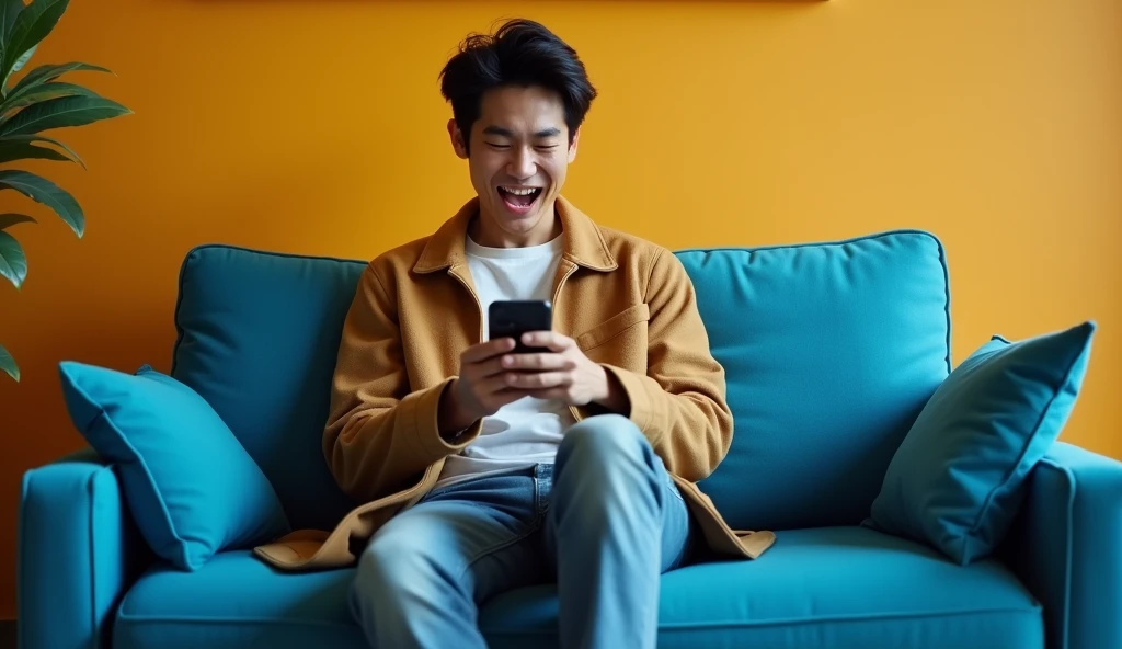 A Japanese male college student wearing fashionable clothes is sitting on a blue sofa with a bright expression and looking at his smartphone,Excited, Photo of your face, In a colorful room, with a natural look, With a slightly tired look, tilt your face a little, Diagonal orientation, Average face