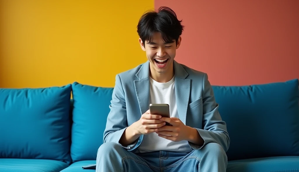 A Japanese male college student wearing fashionable clothes is sitting on a blue sofa with a bright expression and looking at his smartphone,Excited, Photo of your face, In a colorful room, with a natural look, With a slightly tired look, tilt your face a little, Diagonal orientation, Average face