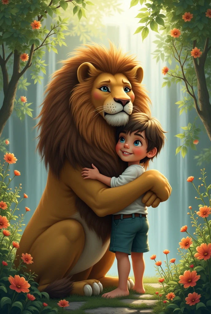 A boy with blue eyes, brown hair, white skin hugging a maned lion in a paradise garden with flowers and waterfalls