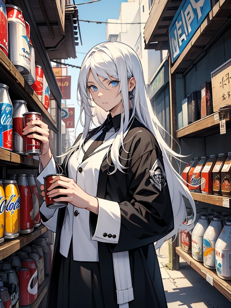One man、Fantasy、White long hair、Blue Eyes、Stylish black clothes、Drinking canned coffee