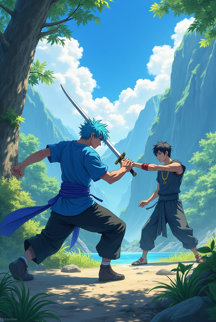Craft a visually stunning artwork blending anime aesthetics with natural landscapes, depicting a Skyblue hair skyblue t shirt man black pant fighting with sword man