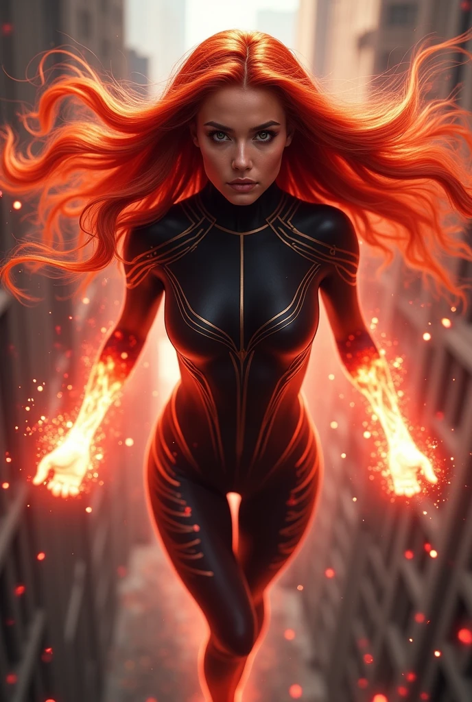A red haired , wearing a cool black with red glowing lines bodysuit and a powerful magic aura and flying she have a beautiful face and a long hair , have a marvel comics art