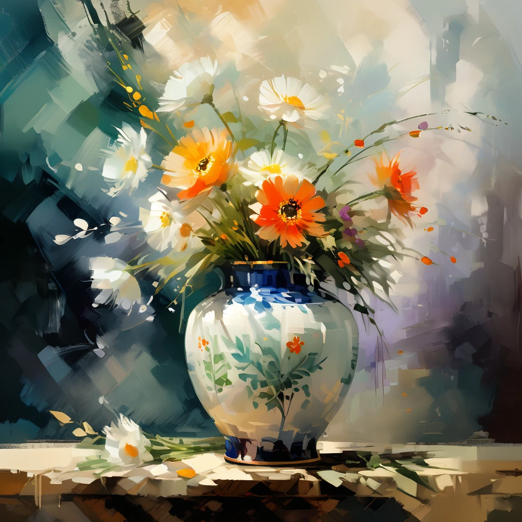 Flowers in a ceramic vase with a delicate pattern using the technique of brushstroke division, oil painting with color and volume on a flat surface, impasto, in the circle, post-impressionism, highest quality, high resolution, masterpiece