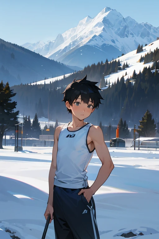 Snowy mountains in the background、An elementary school boy standing wearing a tight white Y-back tank top