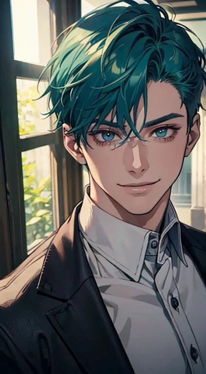 a mature man with short green blue hair, red eyes, 31 years, and a perfect face, smiling in love, CEO, cinematic lighting, 1:4 HDR image, top view, ultra detailed, best quality, masterpiece, 8K, photorealistic, beautiful image