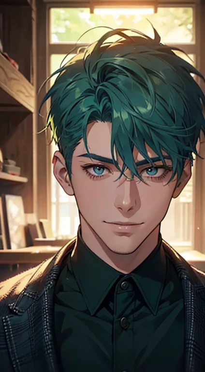 a mature man with short green blue hair, red eyes, 31 years, and a perfect face, smiling in love, CEO, cinematic lighting, 1:4 HDR image, top view, ultra detailed, best quality, masterpiece, 8K, photorealistic, beautiful image