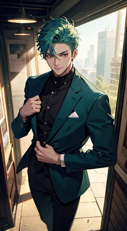 a mature man with short green blue hair, red eyes, 31 years, and a perfect face, smiling in love, CEO, cinematic lighting, 1:4 HDR image, top view, ultra detailed, best quality, masterpiece, 8K, photorealistic, beautiful image