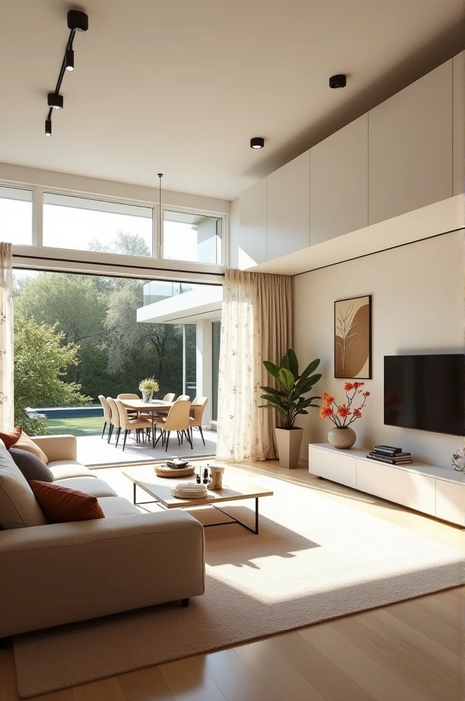 Spacious living room with huge height in aprtment white walls with floral curtains and moden furniture attached garden terrace dinning table television sofa