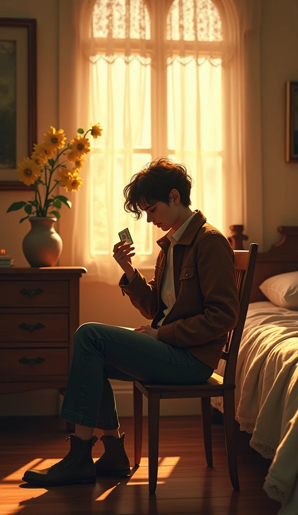 "A cozy bedroom in a vintage-style apartment, the warm afternoon sun filtering through lace curtains. On a small wooden chair by the bed, a person with well-worn leather jacket draped casually, with a hand reaching into the pocket, pulling out a crumpled bill. The ambiance captures the surprise and delight of an unexpected find, with the soft glow of nostalgia in the air."