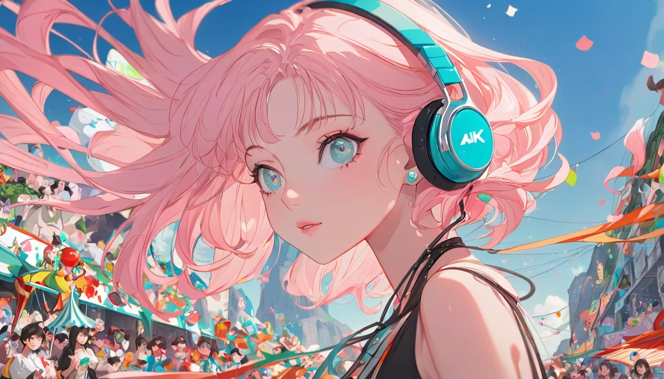 anime girl with pink hair wearing headphonesgreen and yellow , looking at a carnival parade in rio de janeiro next to sugarloaf mountain, anime styling 4 k, non-style artwork by guweiz, 8K anime art wallpaper, 4k anime art wallpaper, 4K anime art wallpaper, lofi portoRait, lofi girl, anime styling. 8k, melhor anime wallpaper 4k konachan, anime wallpaper 4k