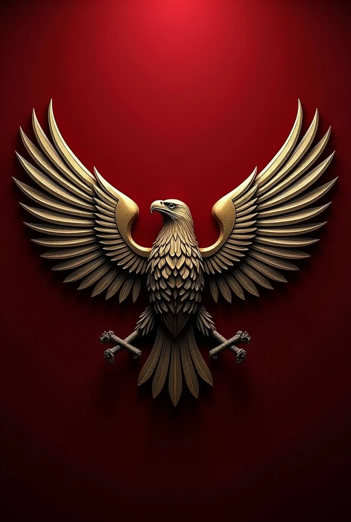 Eagle emblem centered, bold and powerful, wings spread wide, red and golden color scheme, military insignia style, sharp lines, high-definition design, intricate feather details, polished metallic gold accents, dark red background --ar 1:1