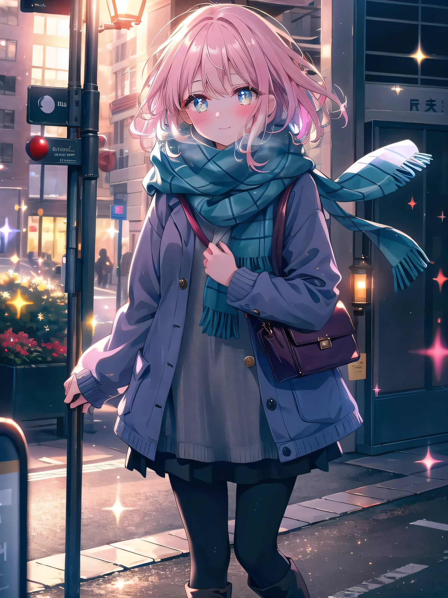 ((8k, Highest quality, masterpiece: 1.3)),Ultra-high resolution,(1 girl, alone), (Color changing eyes, Ultra-detailed, Expressive brilliance, Glitter, Glowing Eyes), Highly detailed eyes, Highly detailed face, Random Hair, ((pastel colour))A lovely woman standing at a bus stop, dressed in a warm, oversized sweater, leggings, and knee-high boots. The chilly evening air is evident by the slight blush on her cheeks as she wraps her scarf tighter around her neck. The streetlights cast a soft glow, illuminating the pavement and creating a cozy atmosphere. She’s holding her bag close to her side, her expression a mix of anticipation and mild impatience as she waits for the bus. She glances at the camera with a playful, knowing smile, as if she’s teasing her boyfriend for being late.