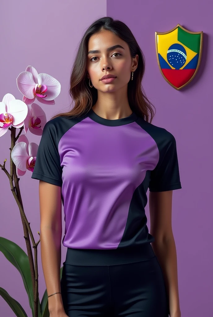 Women&#39;s sports shirt with purple, lilac and black fused colors.
Vom a small shield with the flag of Venezuela and Brazil merged.
And an orchid flower 