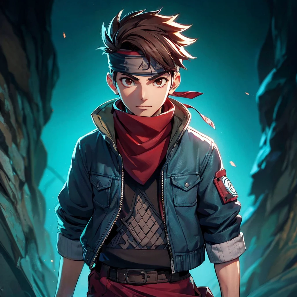 A young ninja with a konoha bandana around his neck, wearing a jeans jacket and dark red pants. He has short brown hair and brown eyes. Use top trending references from DeviantArt and ArtStation for comics, anime, and ninja animations. The background is dark with rock shadows and turquoise backlighting.