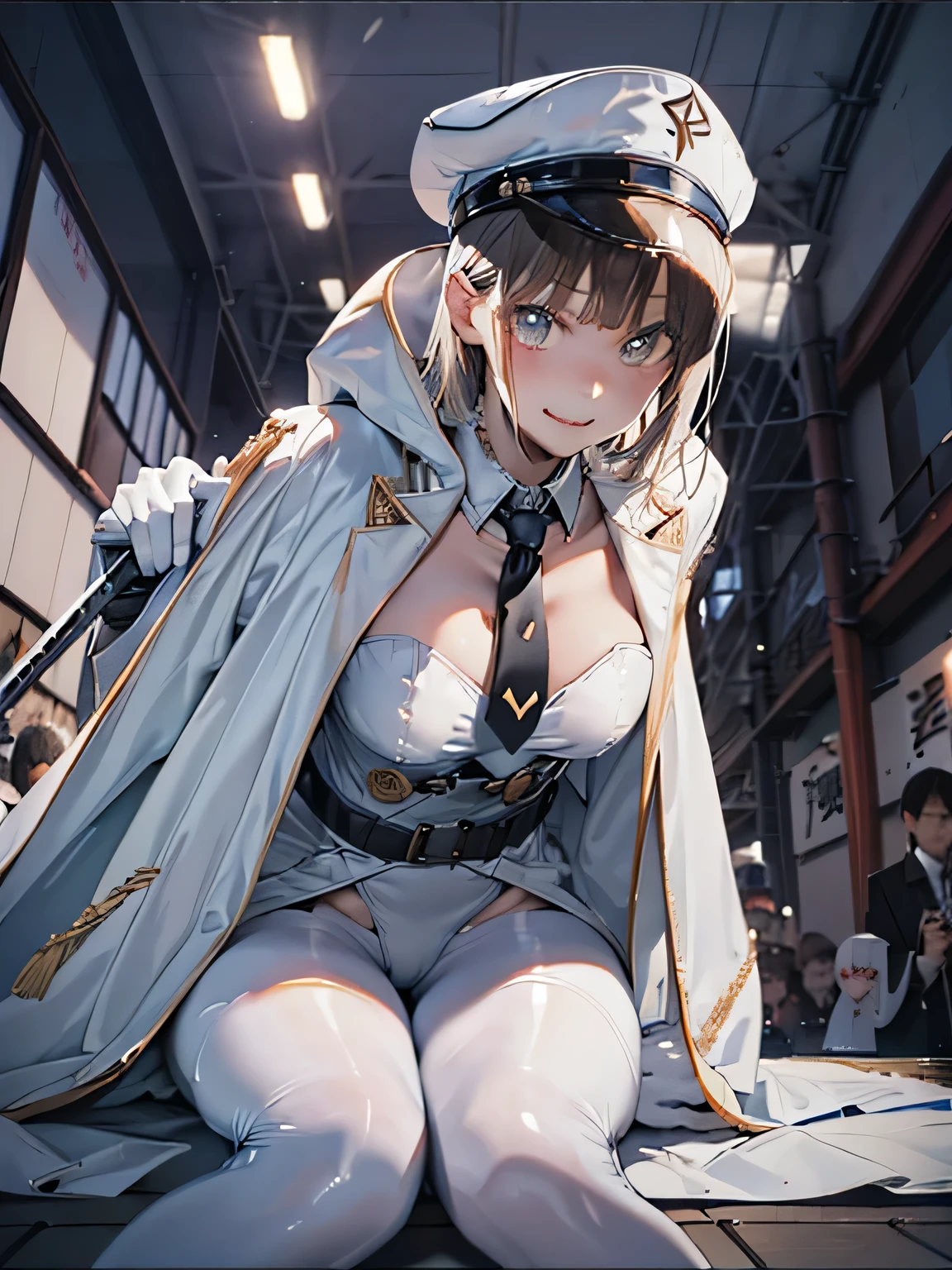 ruanyi0111, belt, white bodysuit, thigh boots, white gloves, katana, white cloak, sheathed, necktie,　
embarrassed, seductive smile,
((best quality)), ((masterpiece)), (detailed), 1girl, sexly, ChinatsuKano, 
Doujinshi sales event,(crowd:1.5),(At the famous Comic Market in Japan), (many cosplayers show off their various cosplays), many People with cameras take pictures of them, 
(extreme close-up of thigh:1.5),  (The view is from very close below:1.5), Pushing hips forward,  (sitting), Open legs wide, spread legs, arms behind back,