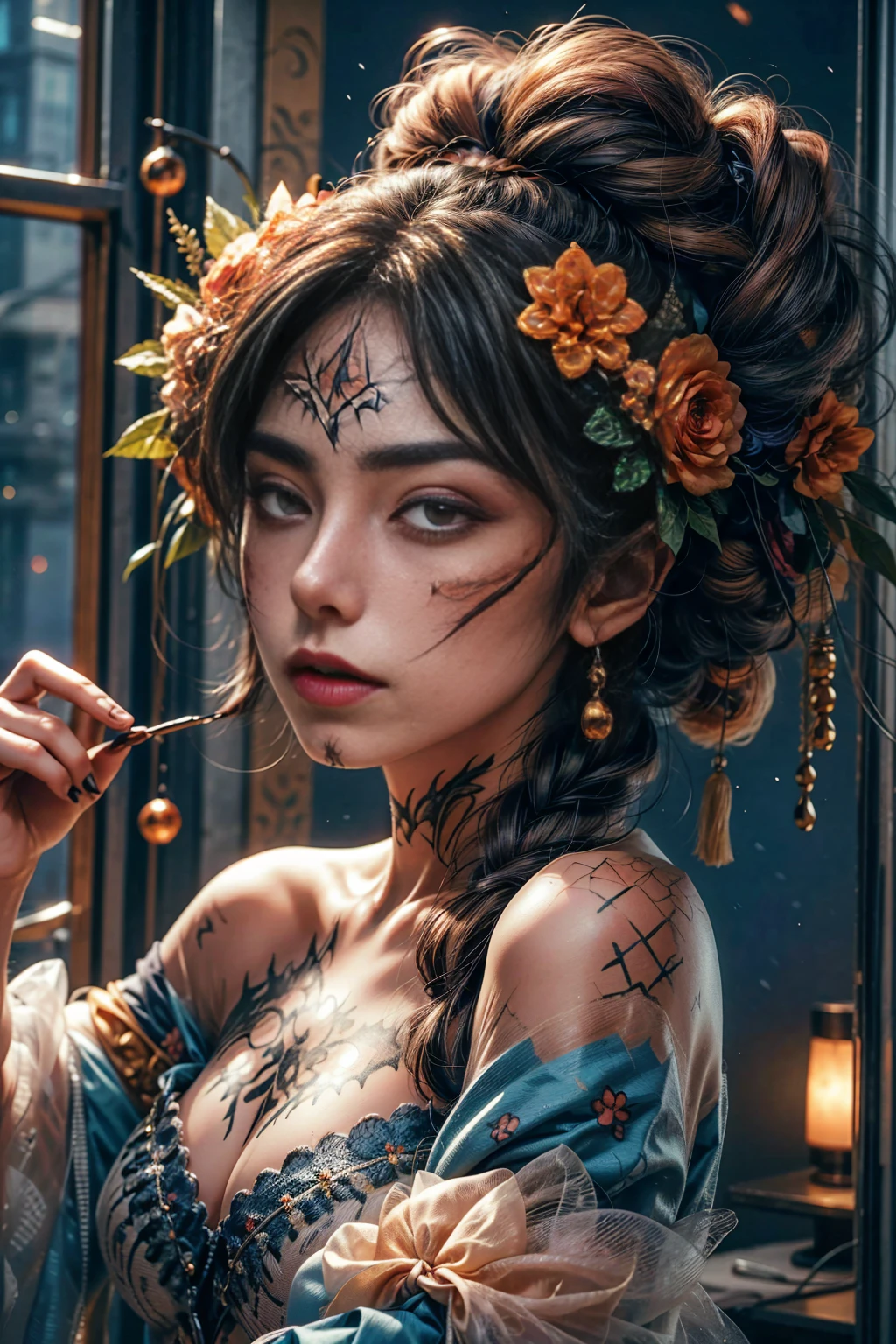 Professional photography of a stunning Kyrgyzstan supermodel in her mid-20s, Eurasian descent, showcasing her outrageous beauty and body, nude, body paint featuring a vibrant tribal design, soft natural lighting, high detail, fashion portraiture --ar 3:4 --stylize 150 --no text, nsfw
