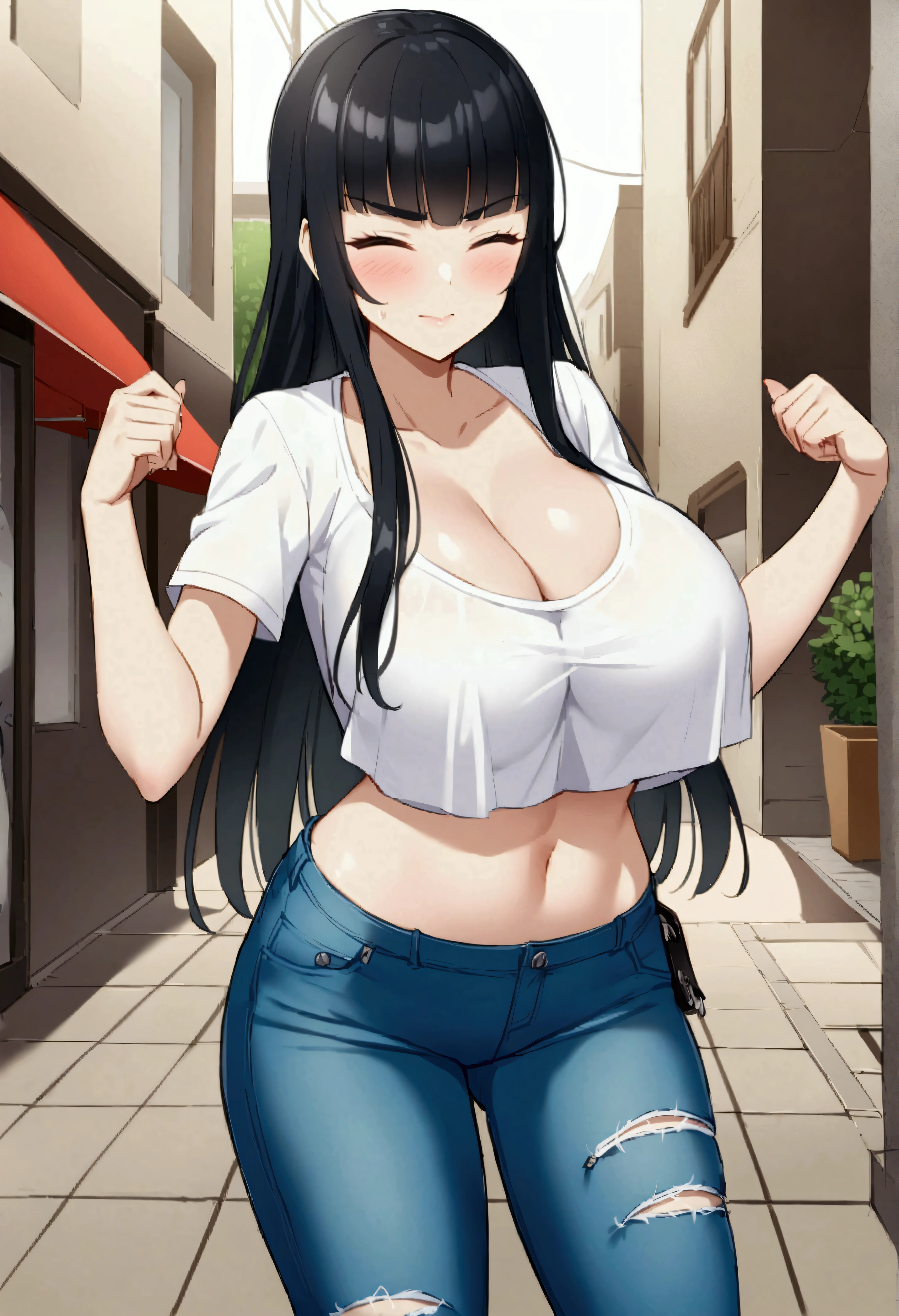 Kiryuin Satsuki、Score 9、Score 8 up、Score 7 up、One person、Full Body Shot、Big Breasts、Round Breasts、Source Anime、foot、One person、Single character、The only character、No other characters。Black Hair、Mouth closed、Denim jeans、T-Shirts、Jacket、Zipper opening、Cleavage、Underboob、Embarrassing、Street。