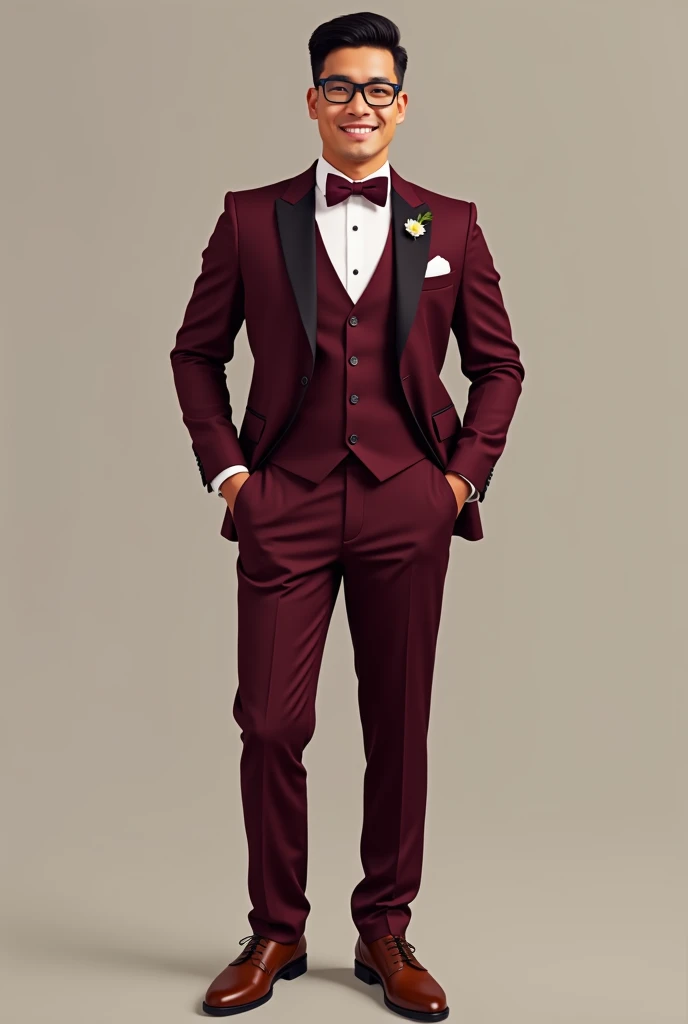 Create a groom's Attire. Burgundy suit waist line length with black lining, Burgundy vest, white long sleeve, burgundy bowtie and brown shoes. Whole body picture for Filipino, 5.2ft Male, 75kgs weight, 36 inches waist and light brown skin. With black eyeglasses.