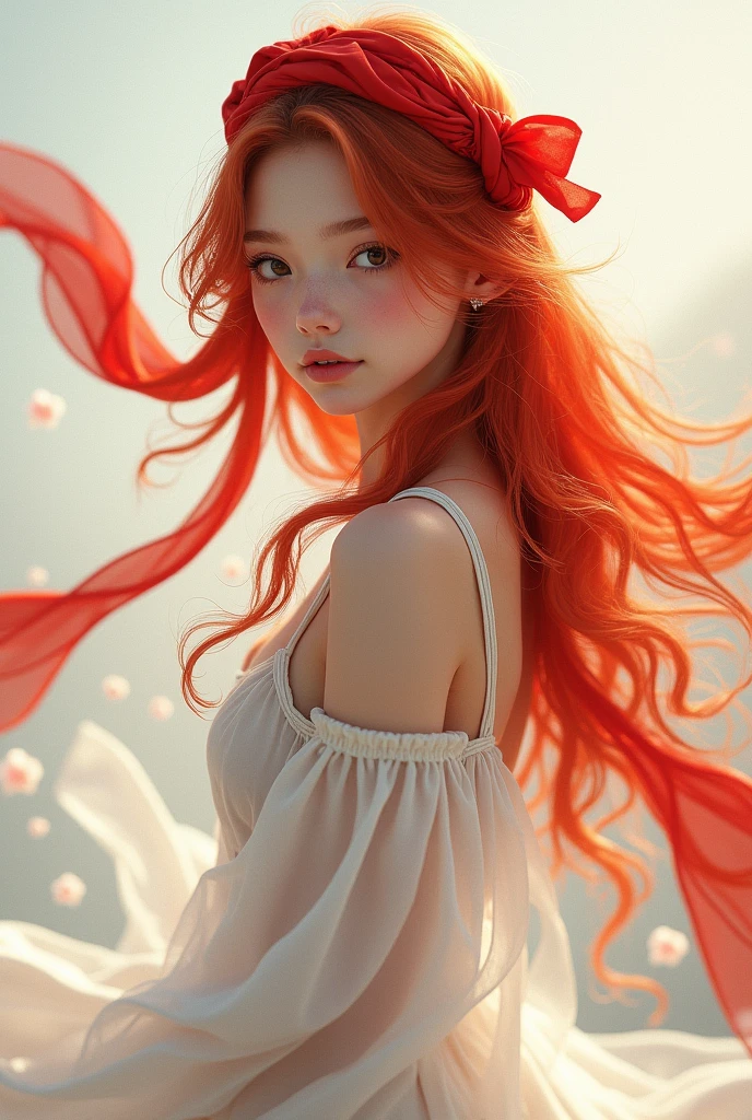 Beautiful girl with pure red color hair and tie red scarf on head and wear white dress
