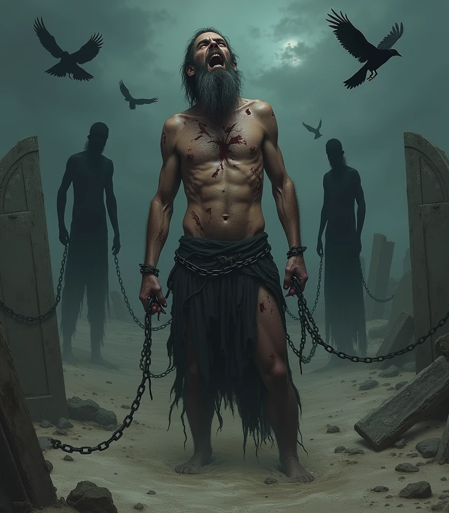 on a dark beach a half-naked man, Scrawny, hairy and bearded with several cuts and scars all over his body chained by several demons in the background broken and dirty tombs with a dark sky with black birds flying over the place