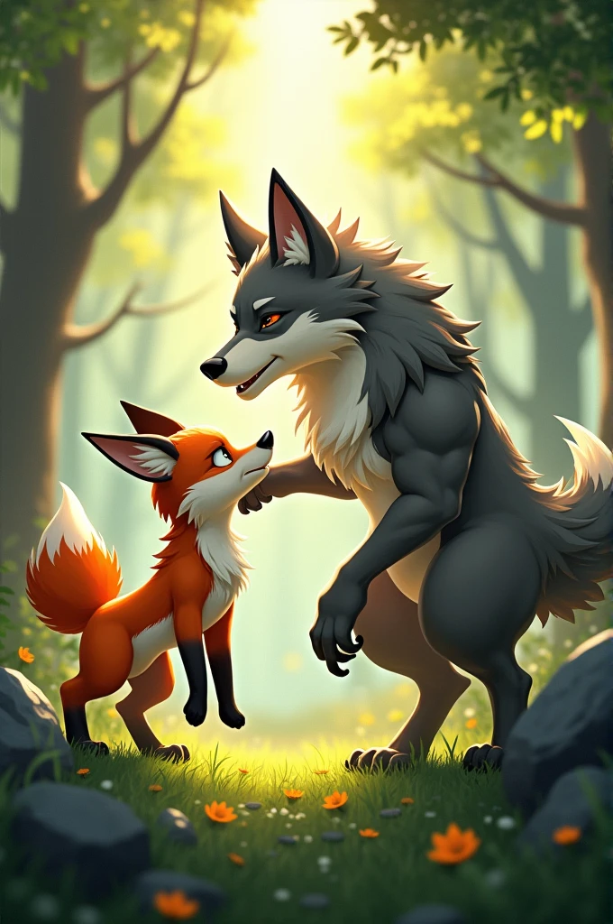 Two boys, a fox hybrid and a wolf hybrid
