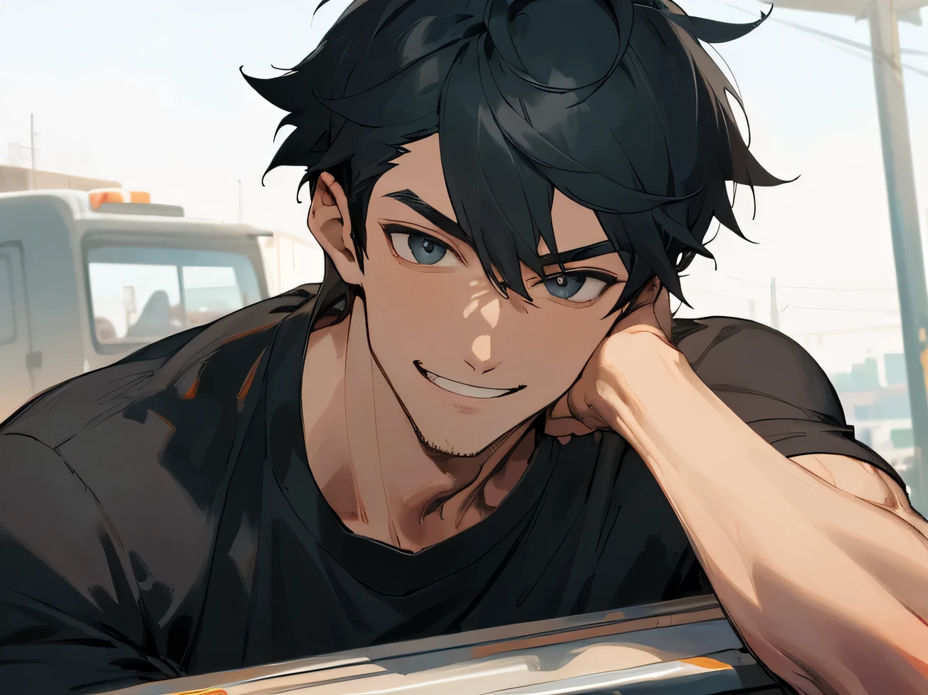 Towel on head,Working Adults.,Delivery Person,male,Handsome,Cool vibe,Short Hair,Slim and muscular,Black shirt upper body,Face close-up,Horny,smile,Wicked Smile,Delivery Truck,In town