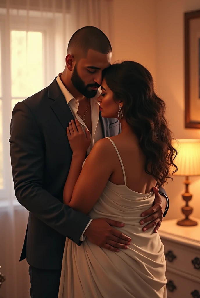  a mature narcissist indian pale color man with a beard , dressed in a suit, standing behind a woman who is wearing a revealing white saree and blouse, medium obese ,voluptuous  and looks sexy .The woman leans on his chest and hugging him while the man, with a mature and confident expression, gently embraces her from behind. The man’s appearance is distinctly mature, avoiding any childish or boyish traits. The scene captures an intimate, warm moment with soft lighting and pastel tones. The background is softly blurred, emphasizing the cozy and romantic atmosphere with a realistic . The man should have fully buzz  cut short hair . 