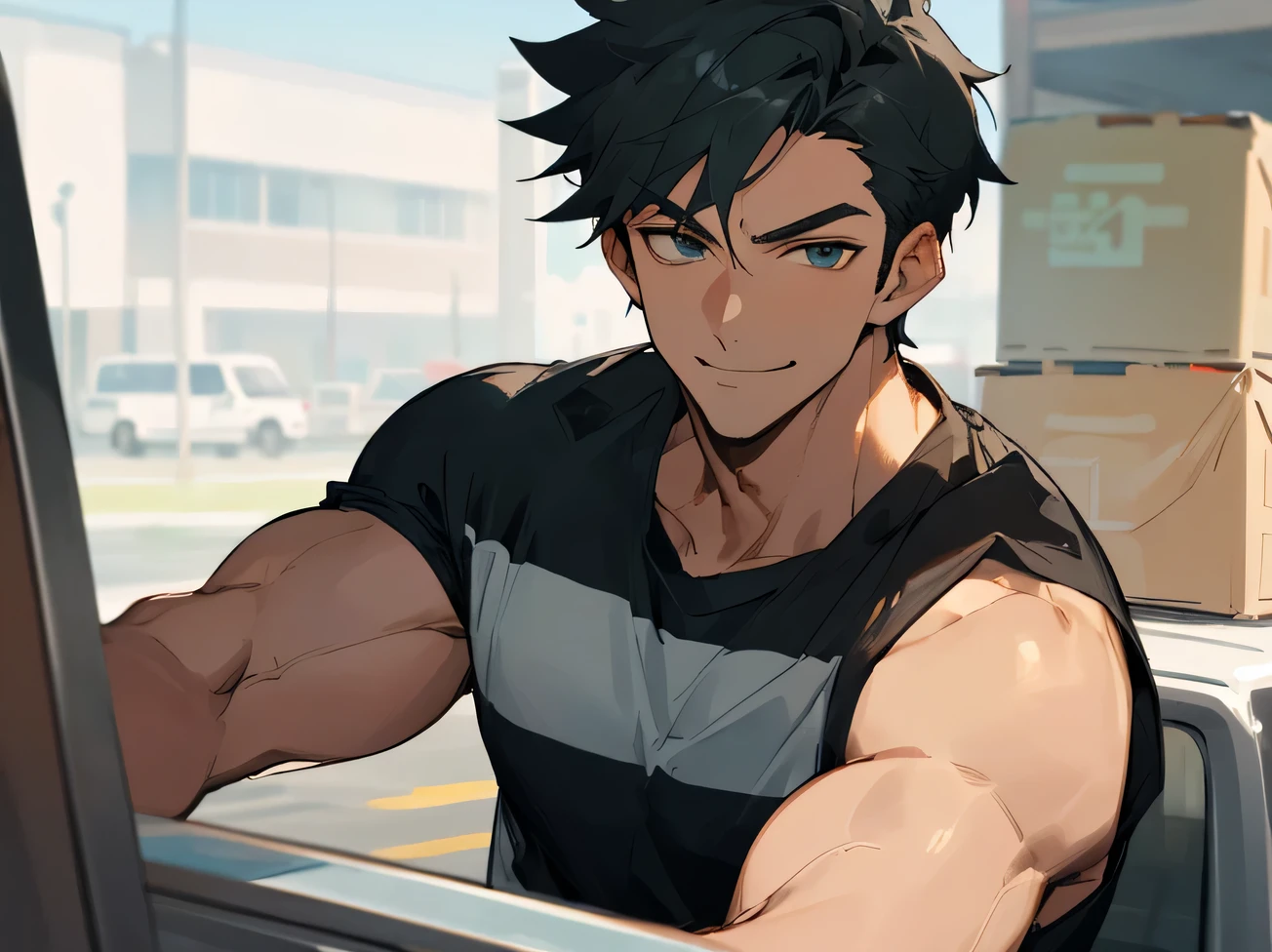 Towel on head,Working Adults.,Delivery Person,male,Handsome,Cool vibe,Short Hair,Slim and muscular,Black shirt upper body,Face close-up,Horny,smile,Wicked Smile,Delivery Truck,In town