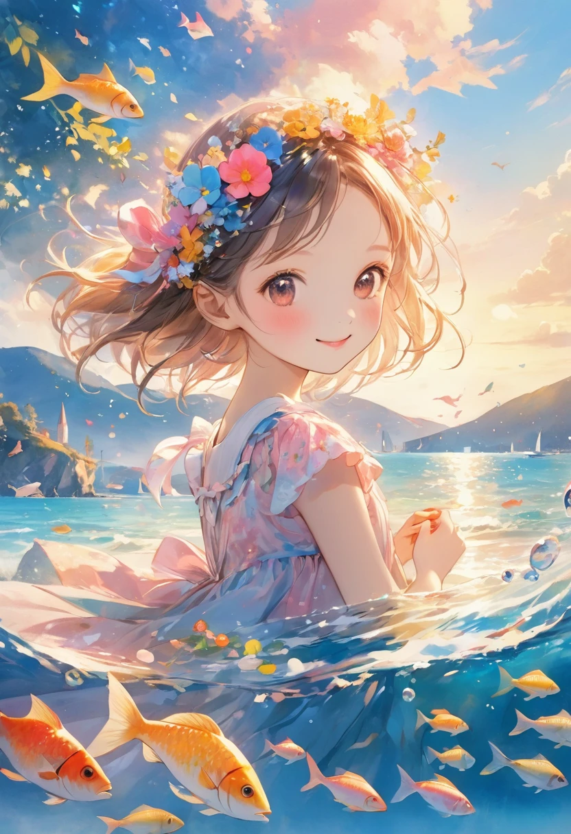 In the beautiful sea、Air bubbles、bubble、A smiling woman wading through a colorful and beautiful ocean landscape（Detailed face）, A lot of fish in pop colors are swimming.、Sparkling shells scattered around