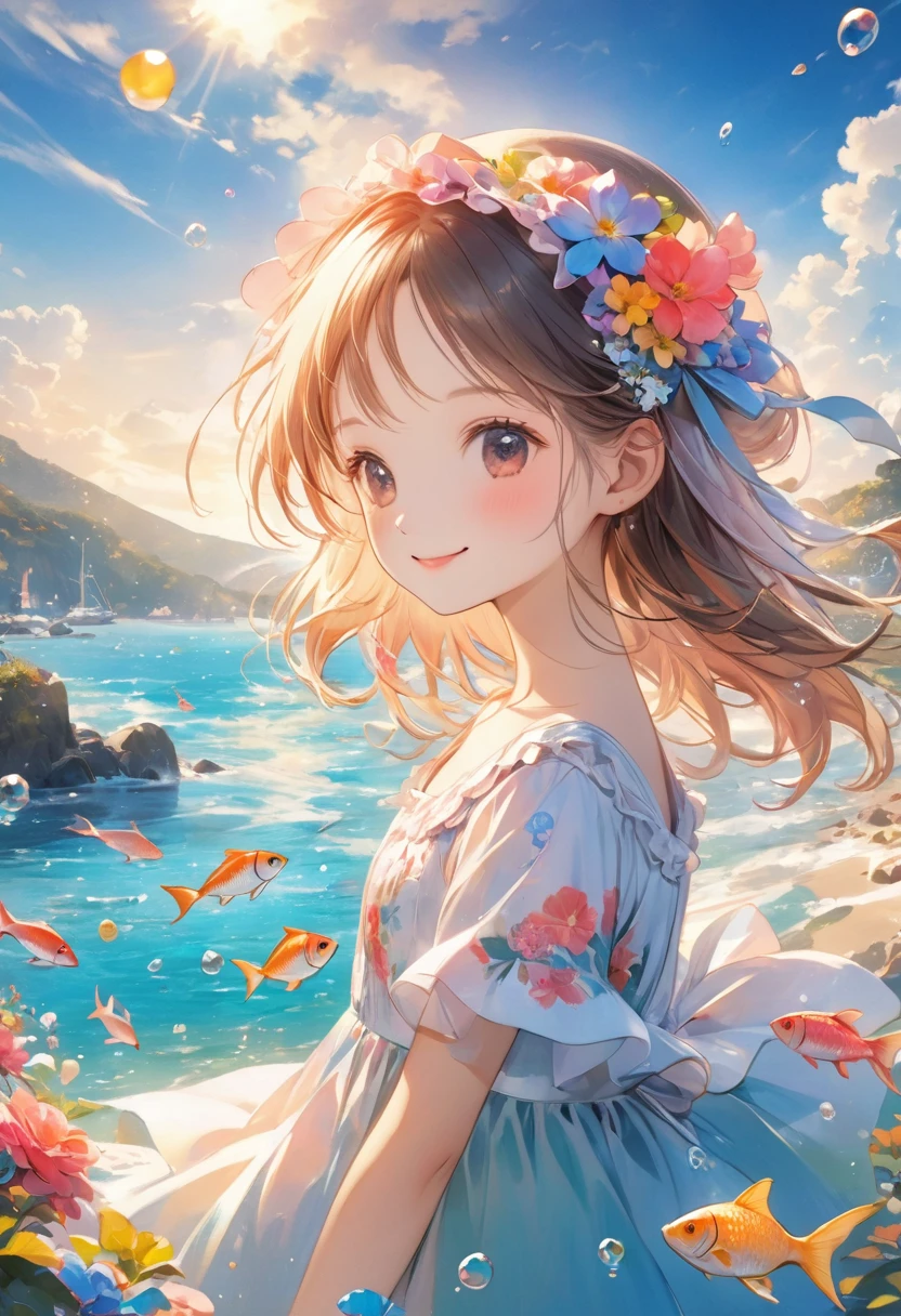 In the beautiful sea、Air bubbles、bubble、A smiling woman wading through a colorful and beautiful ocean landscape(Detailed face), A lot of fish in pop colors are swimming.、Sparkling shells scattered around