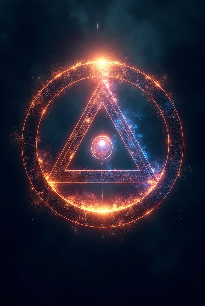 create a logo with an omega symbol inside an inverted triangle that is inside a circle. The appearance of the omega symbol is of a shining appearance. There is a small infinity symbol in the center of the omega symbol., the infinity symbol appears to contain the entire color spectrum, giving an imposing appearance,