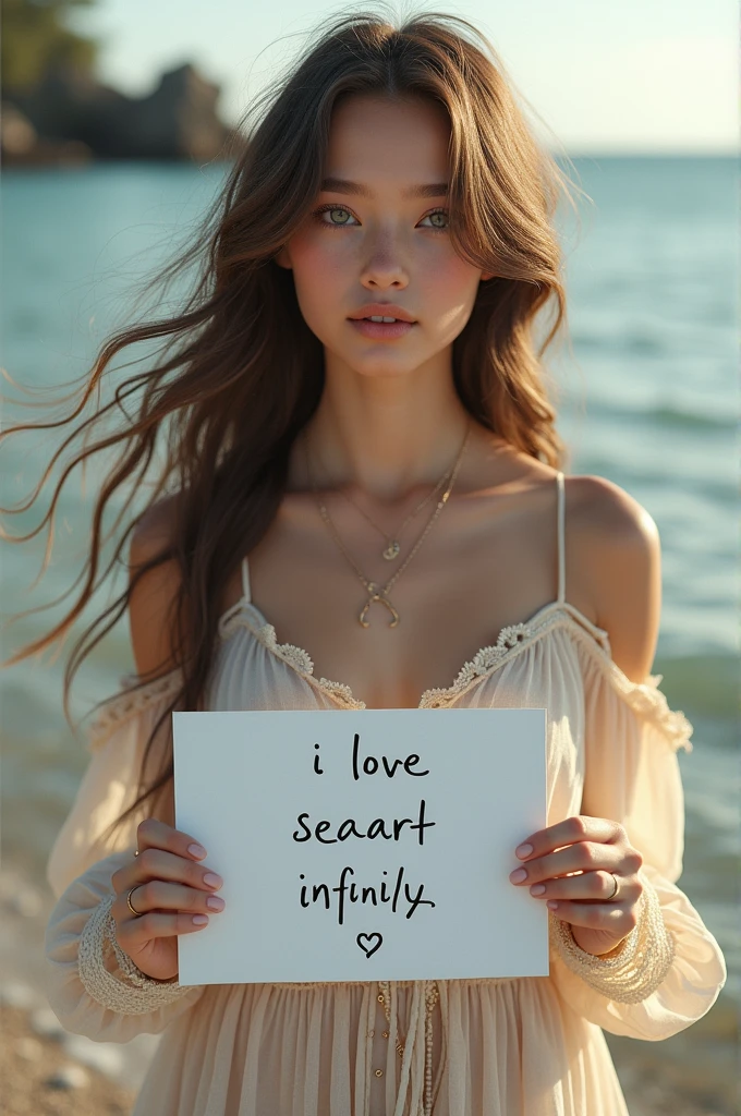 Beautiful girl with wavy long hair, bohemian dress, holding a white board with text "I Love Seaart Infinity" and showing it to the viewer