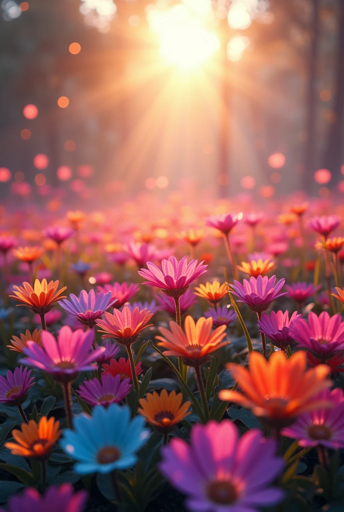 a vibrant iridescent field, glowing colors, dynamic and luminous, colorful flowers, lush nature, hyper detailed, cinematic lighting, photorealistic, 8k, ultra-detailed, masterpiece, vivid colors, dynamic composition, magical realism, soft depth of field, ethereal atmosphere, natural beauty, sunlight filtering through petals, intricate textures, dreamlike quality