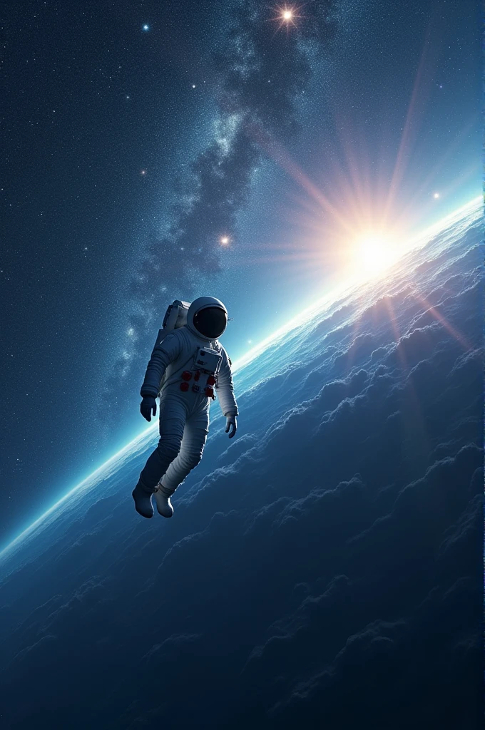 quality\(8k,wallpaper of extremely detailed CG unit, ​masterpiece,hight resolution,top-quality,top-quality real texture skin,hyper realisitic,increase the resolution,RAW photos,best qualtiy,highly detailed,the wallpaper,cinematic lighting,ray trace,golden ratio\), BREAK ,solo,1astronaut wearing space suit drifting aimlessly in the galaxy\(dark,beautiful,beautiful stars\) and a beautiful dazzling sun rising from behind the beautiful (blue earth:1.4),(long shot:1.5)