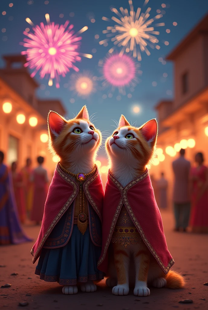 **Evening Festivities**: The cats enjoy the evening festivities with fireworks lighting up the night sky. The female cat's fur reflects the vibrant colors of the fireworks, and the male cat's eyes sparkle with joy. The village is alive with celebration, laughter, and the sound of traditional music.
Cats are in rajasthani dress and image should be realistic