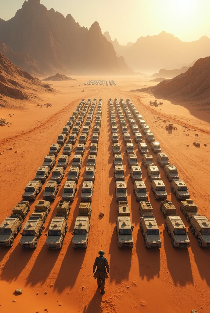 Create an aerial view of a vast desert landscape with mountains in the distance. The foreground is filled with countless vehicles and tents arranged in a grid pattern, forming large letters that spell out ' ऑल  आईस ऑफ लोहारा .' The scene should convey a sense of urgency and focus, with the letters made up of the vehicles and tents standing out prominently against the desert background."