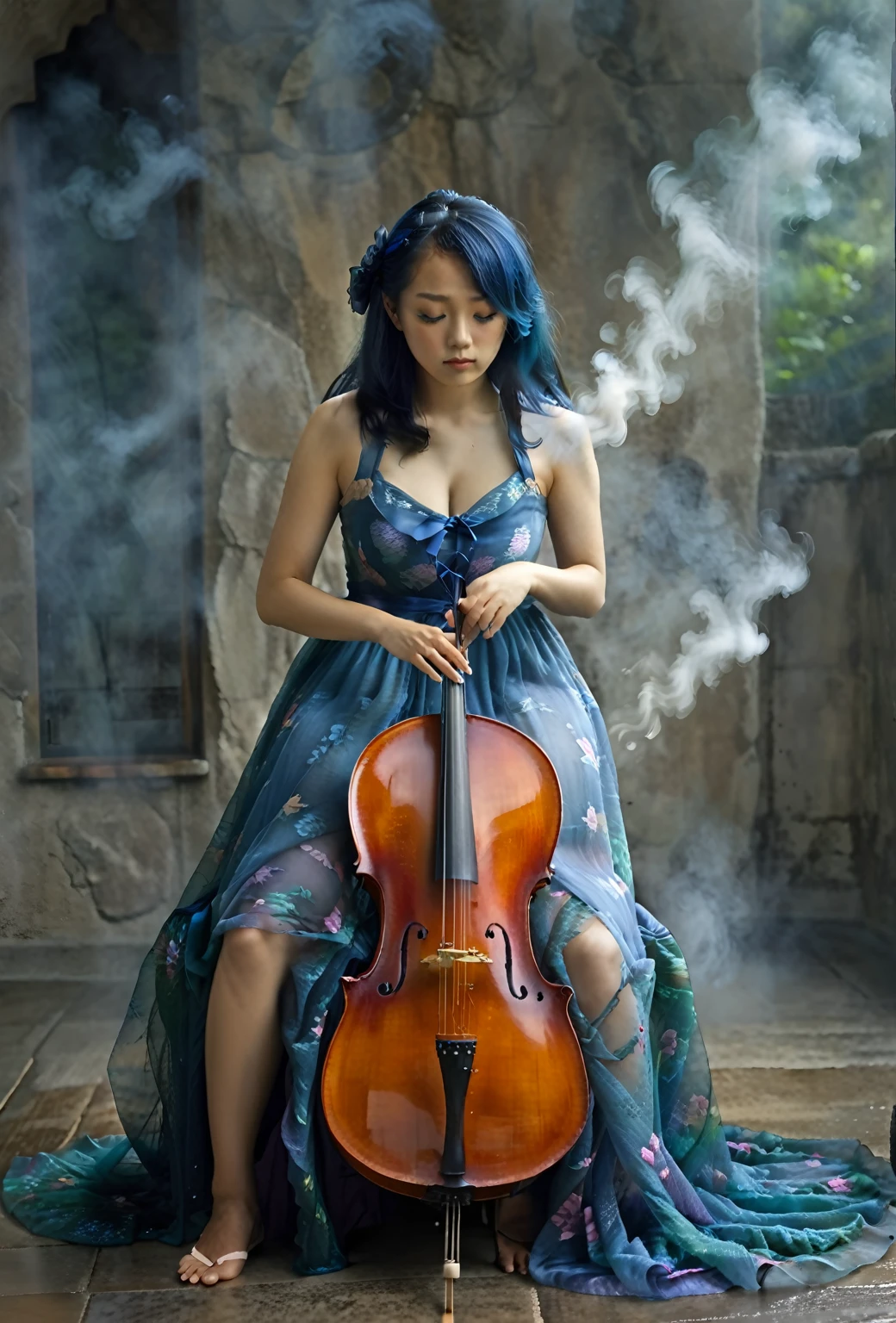 a woman, sitting, playing a cello, cello between her legs, (holding a bow)+. blue dress, dress is partly opaque. mixed race Korean-Nigerian woman, dyed blue hair, fantasy scene, smoke, mist. portrait shot, woman is playing the cello. deep in thought, calm, serene. looking down, high quality fantasy stock photo